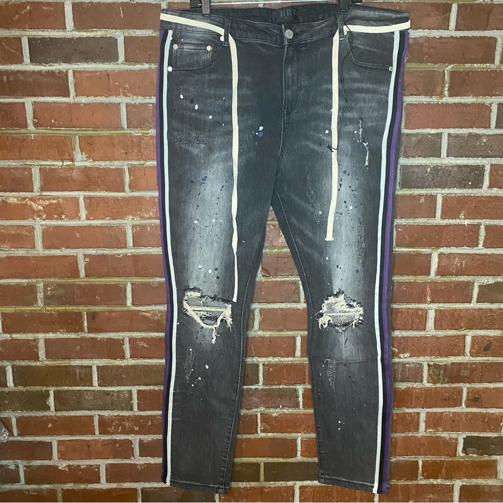 THRT Raven Denim Jeans - Black / Purple Stripe Splatter Size 44